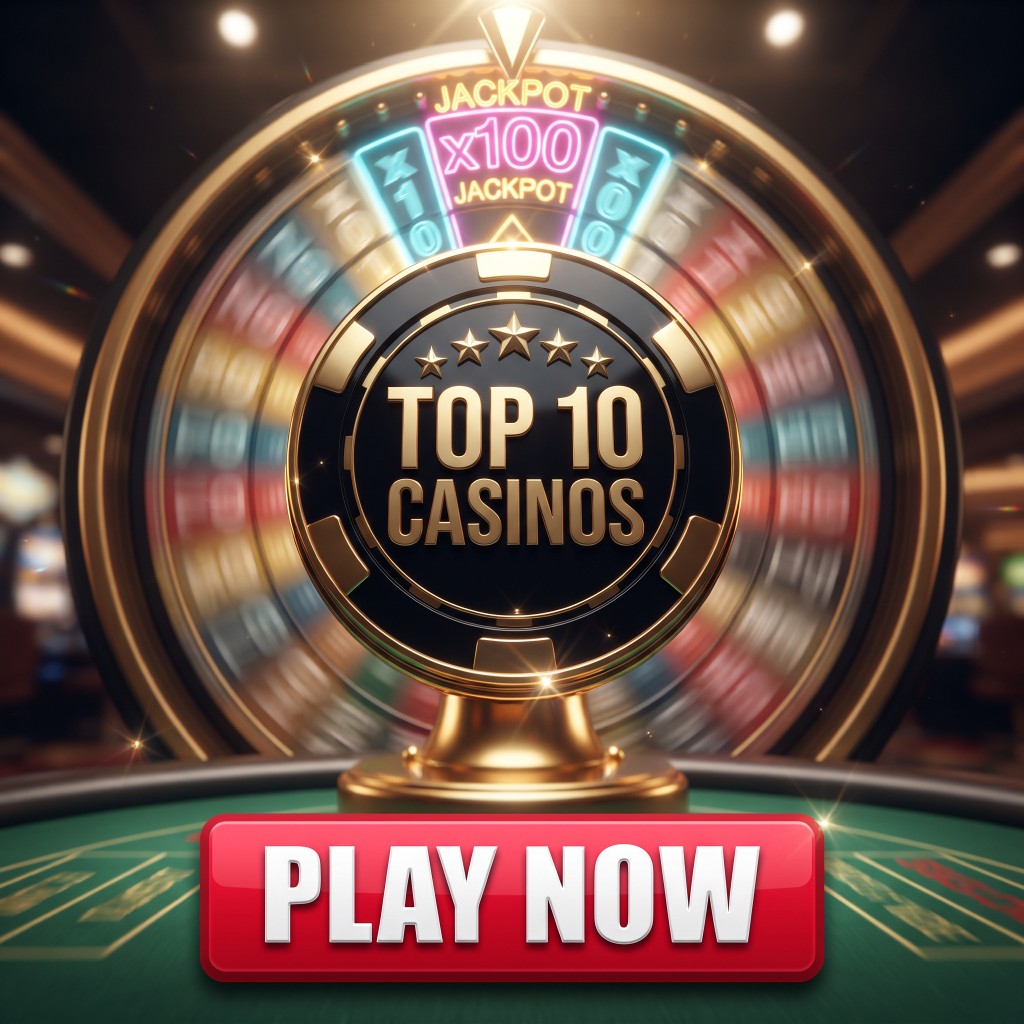 Casino chip reading Top 10 Casinos with a prize wheel behind it